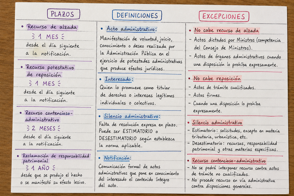 flashcards con plazos, definiciones y excepciones para formato como estudiar examen tipo test oposición