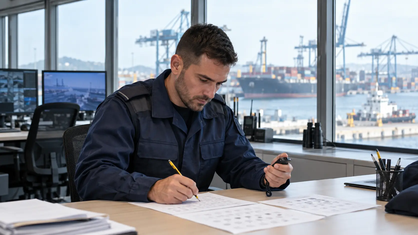 Agente uniformado preparando psicotécnicos de Policía Portuaria