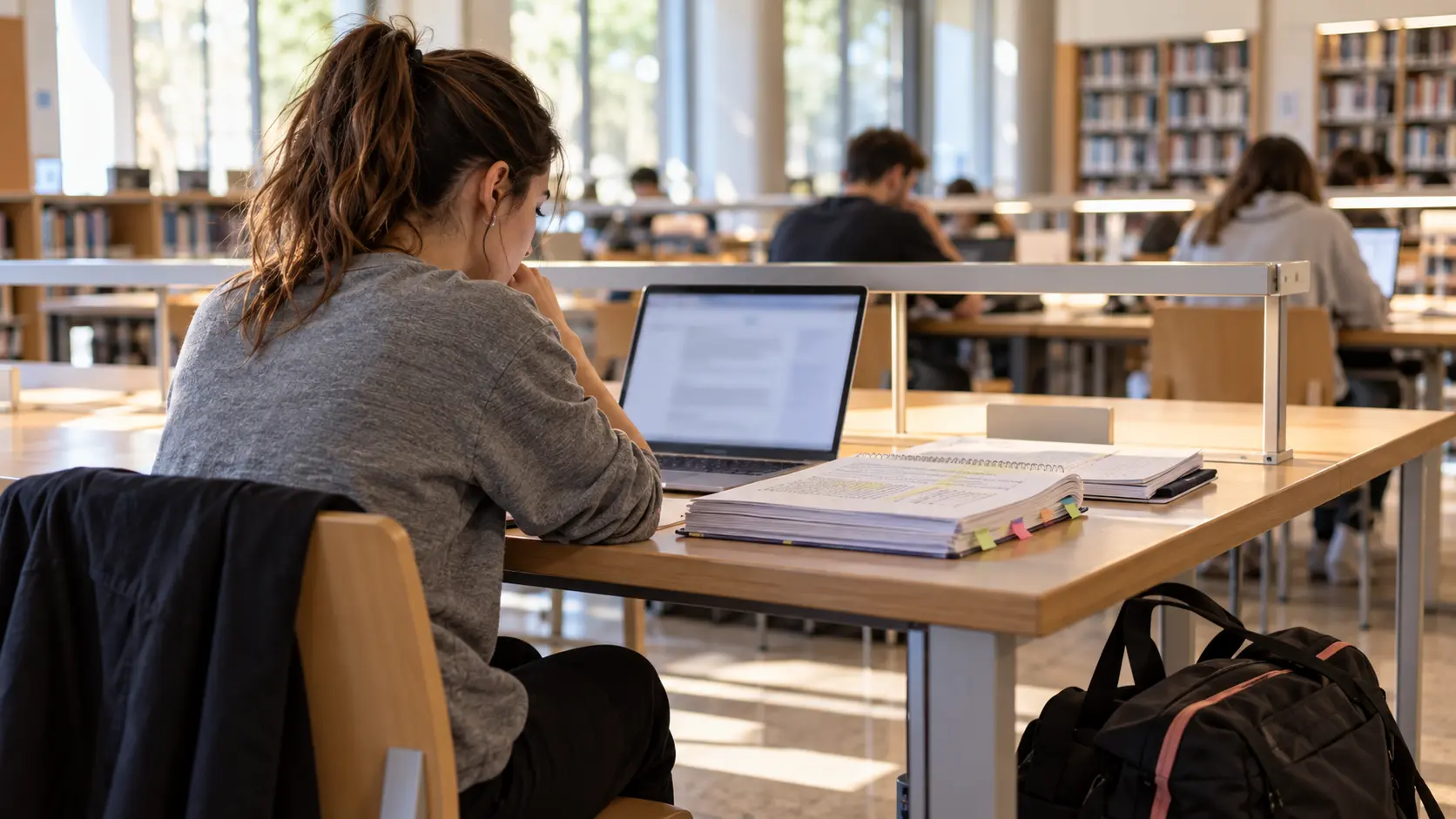 Aspirante a Policía Nacional pendiente de los resultados mientras consulta un ordenador en una biblioteca.