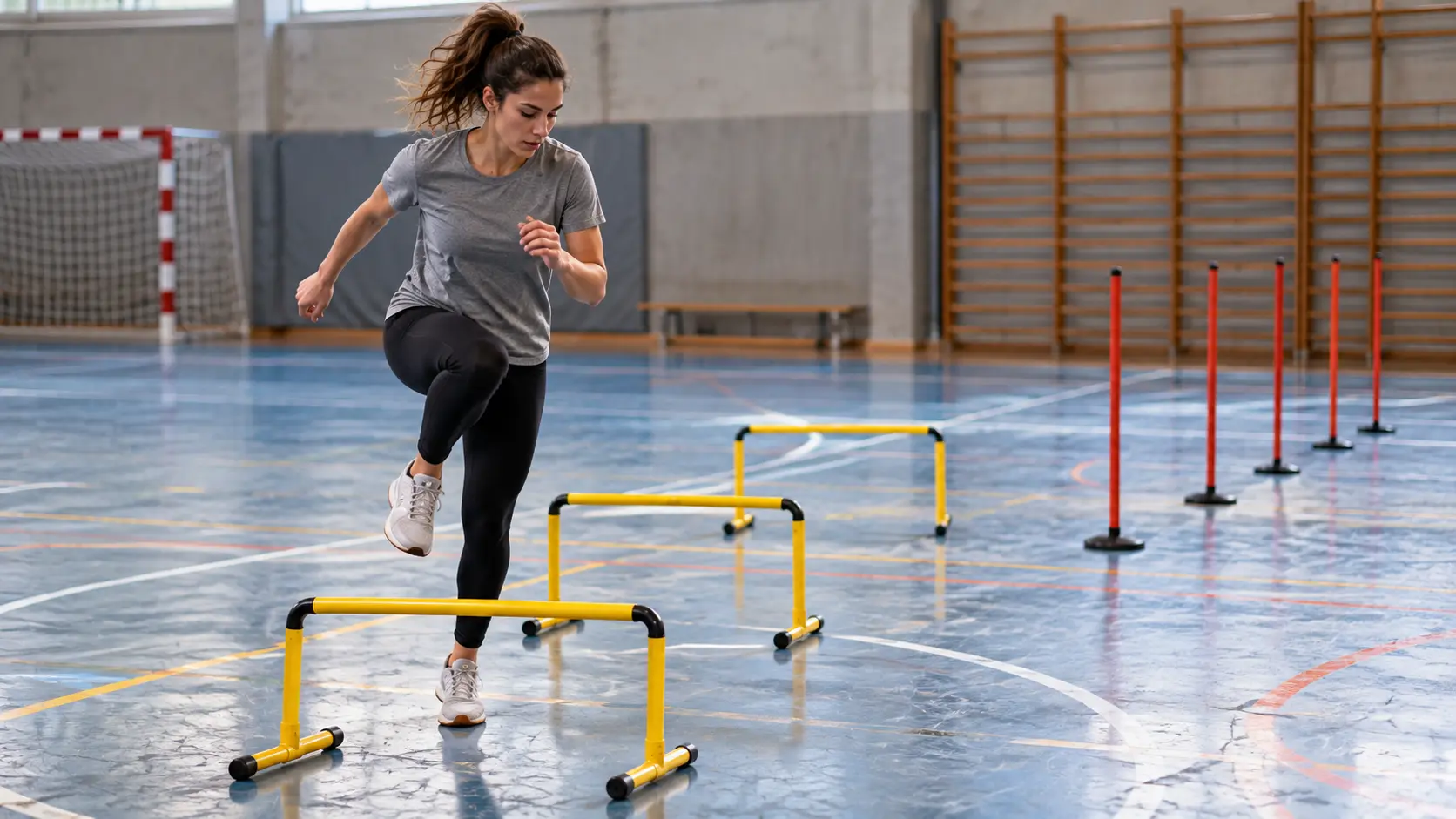 Aspirante realizando un circuito de agilidad en un polideportivo durante su preparación para Policía Nacional