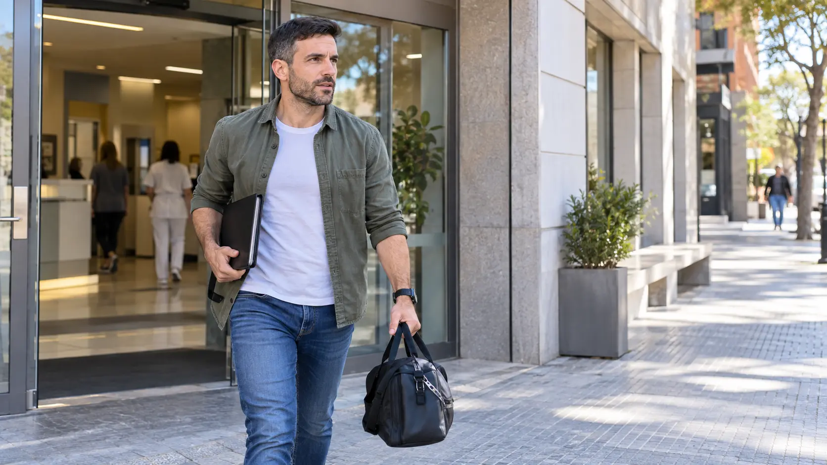 Aspirante saliendo de una consulta médica con una carpeta y una bolsa deportiva