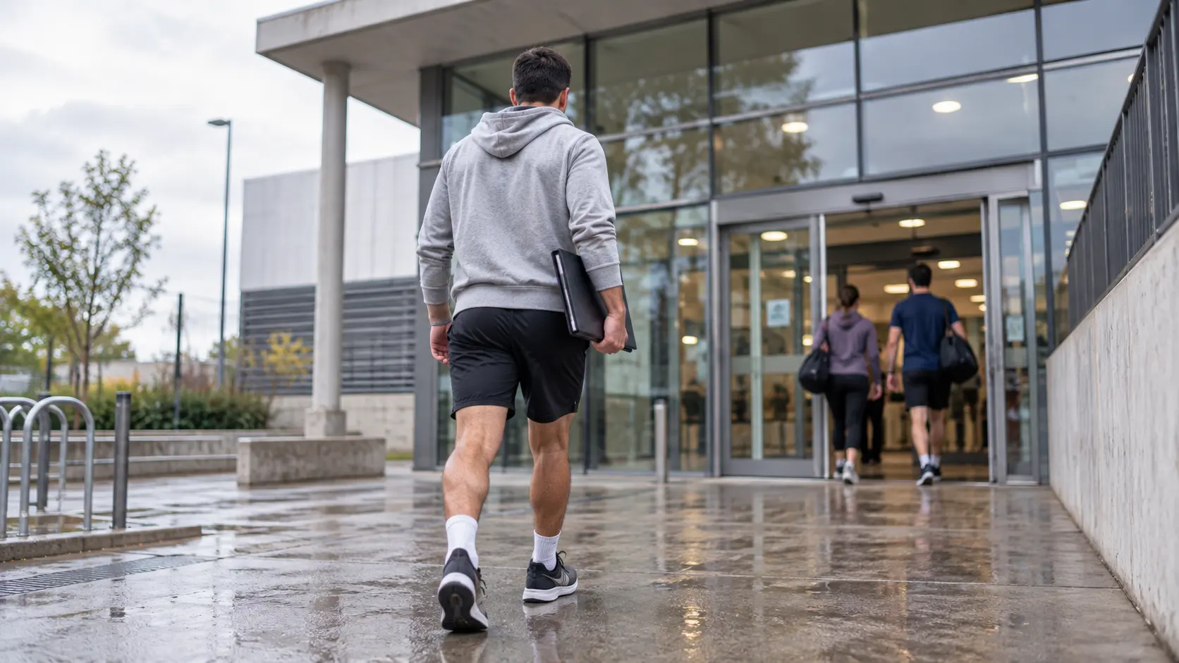 Persona con ropa deportiva llegando a la entrada de un polideportivo con una carpeta cerrada