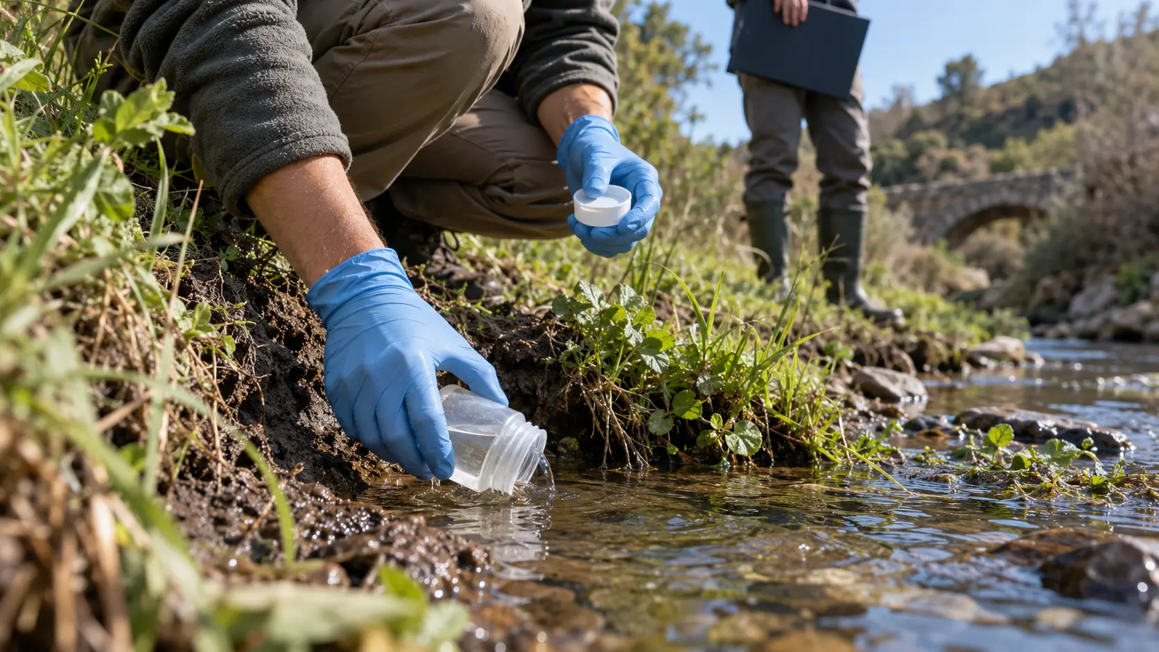 Profesional realiza una comprobación ambiental junto a un cauce