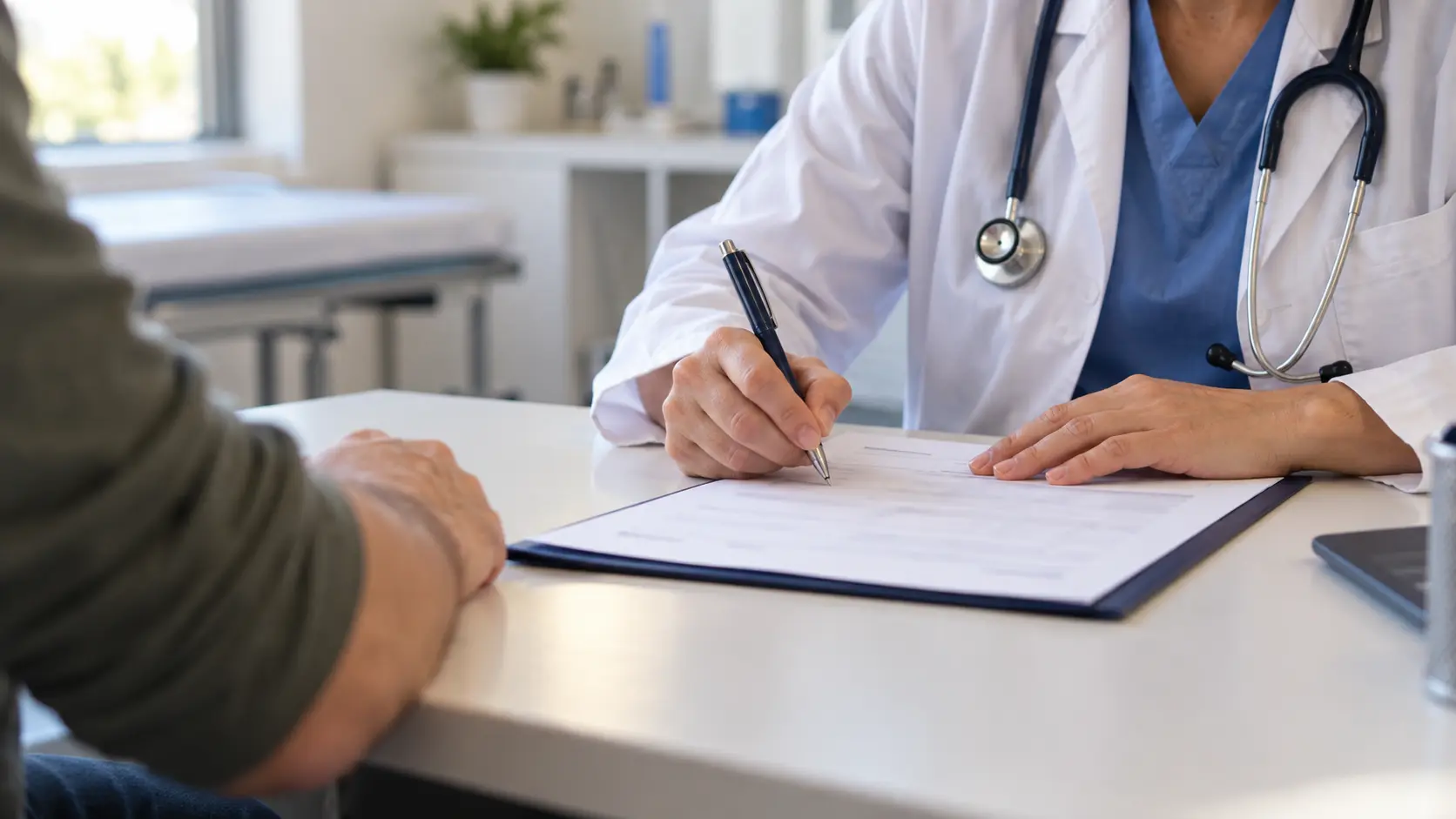 Profesional sanitario cumplimentando un certificado durante una consulta médica
